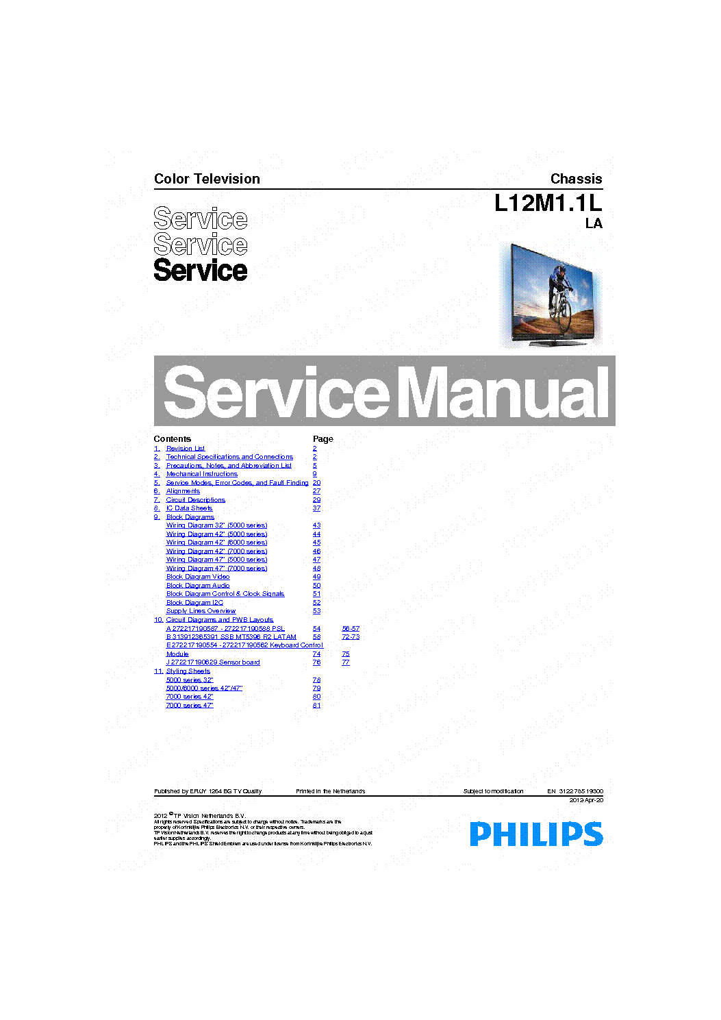 PHILIPS 42PFL5007 42PFL7007 CHASSIS L12M1.1L SM service manual (1st page)