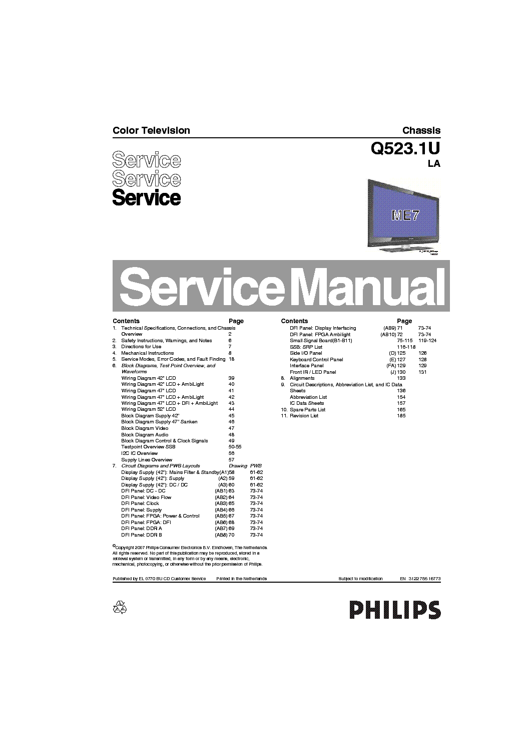 PHILIPS 42PFL7422D37 CHASSIS Q5231ULA ET LCD TV service manual (1st page)