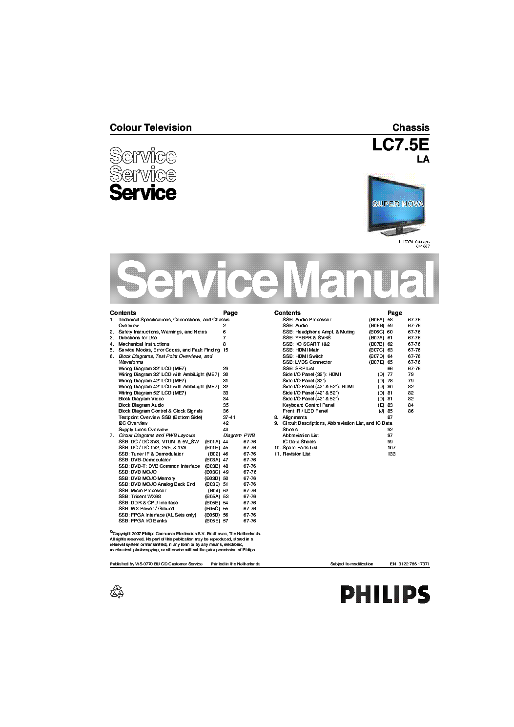 PHILIPS 42PFL7962D CHASSIS LC7.5ELA 312278517371 service manual (1st page)