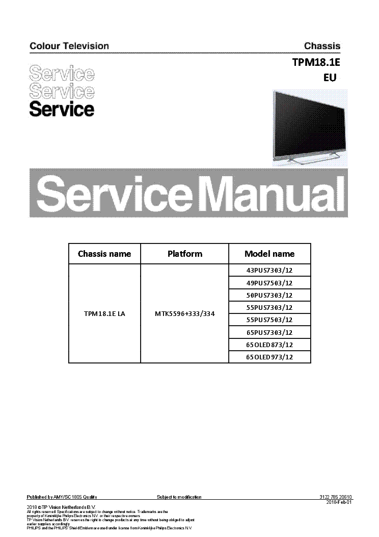PHILIPS 43PUS7503 49PUS7503 50PUS7503 55PUS7503 65PUS7503 65OLED873 12 CHASSIS TPM18.1E LA service manual (1st page)