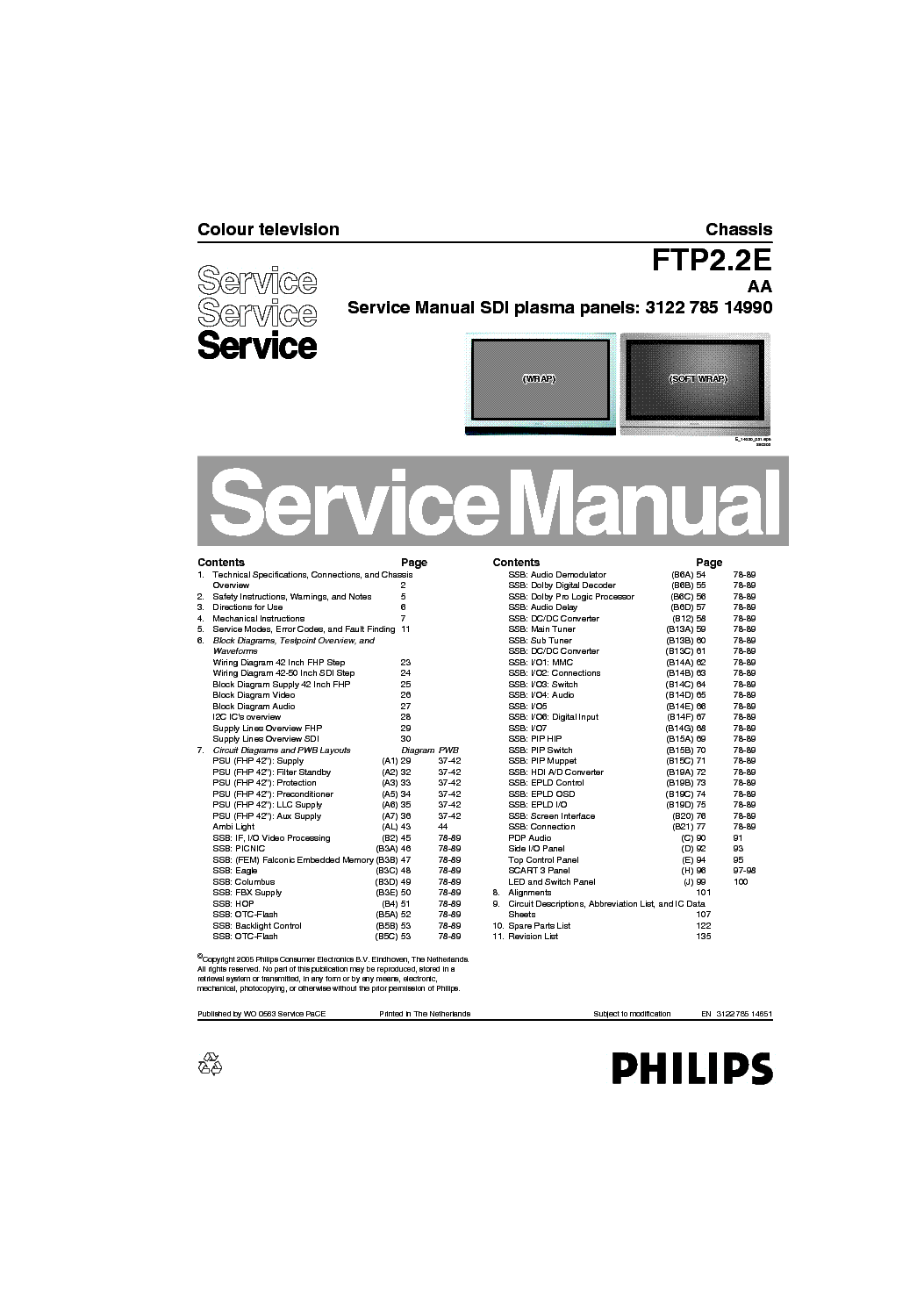 PHILIPS 50PF9966-12 312278514990 CHASSIS FTP2.2E AA SM service manual (1st page)