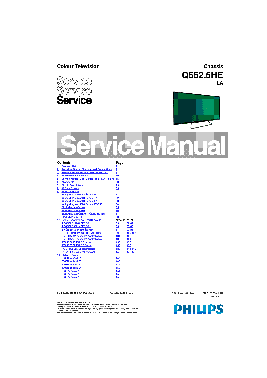 PHILIPS 55HFL5008D 12 CHASSIS Q552.5HE LA service manual (1st page)