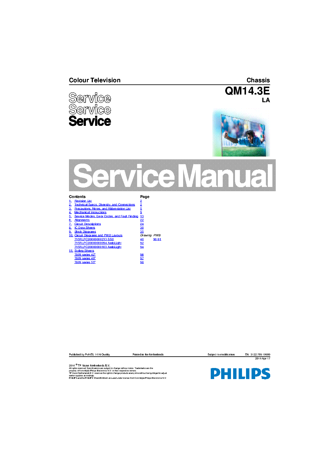 PHILIPS 55PUS7809-12 CHASSIS QM14.3E LA SM service manual (1st page)