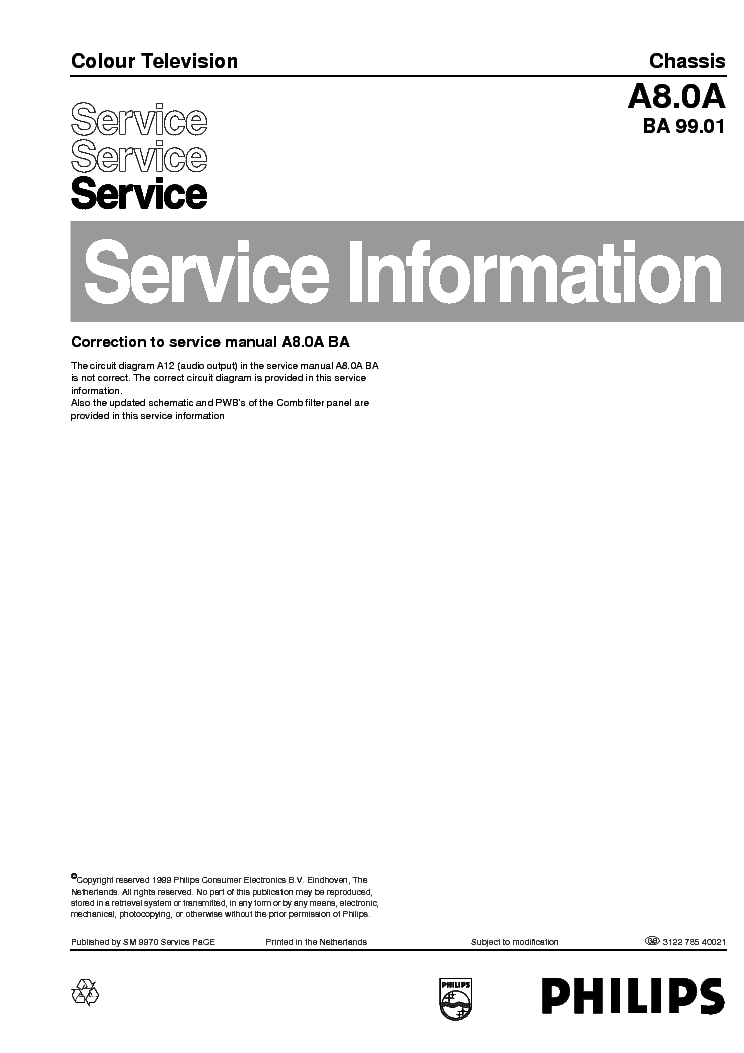 PHILIPS A8.0A BA 99.01 CHASSIS TV INF service manual (1st page)