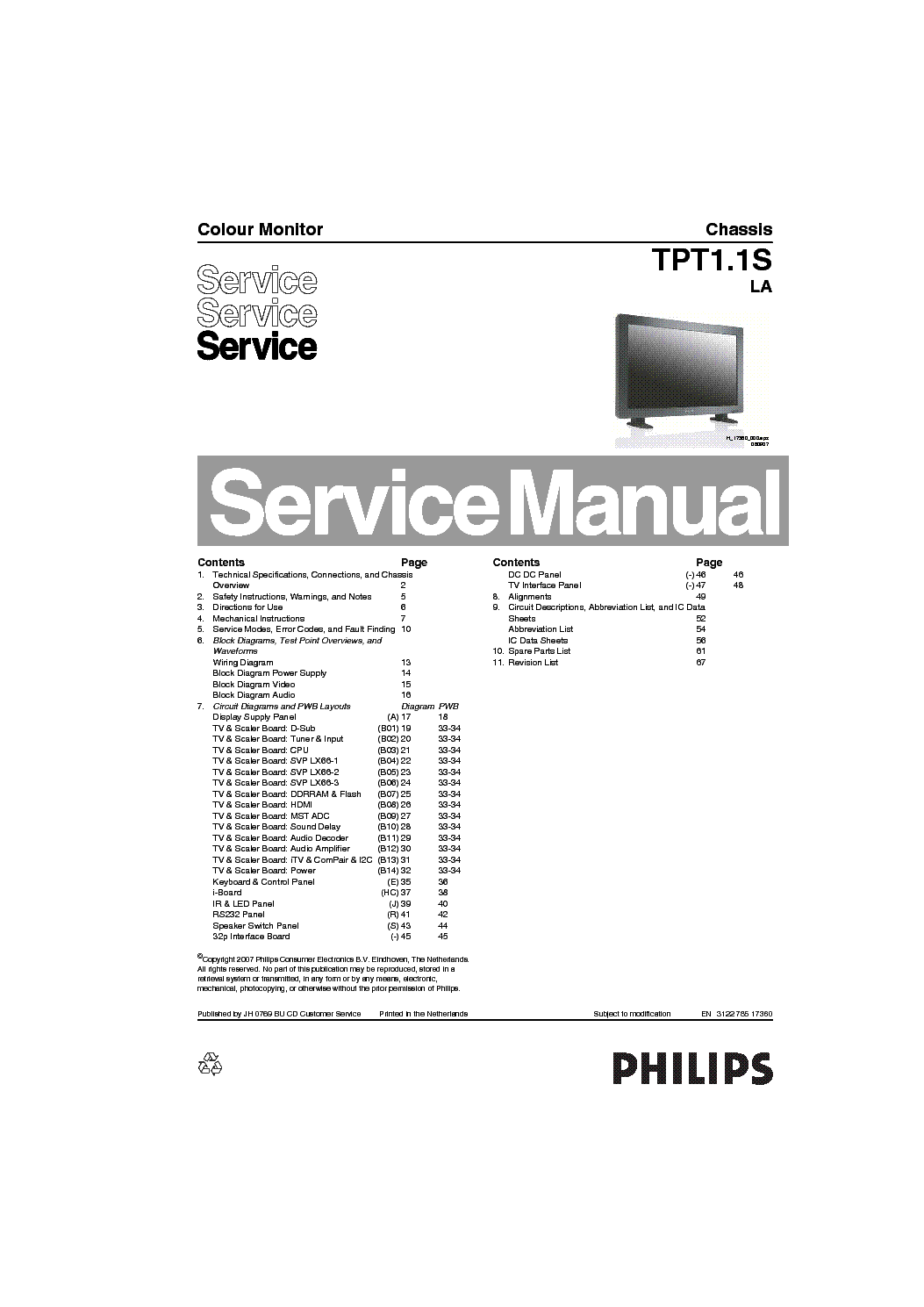 PHILIPS BDL3231-4231 CHASSIS TPT1.1S-LA service manual (1st page)