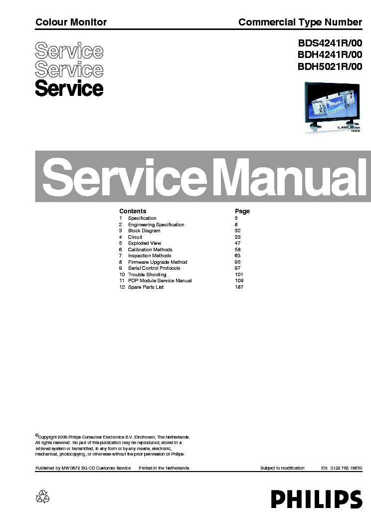 PHILIPS BDS4241R BDH4241R BDH5021R PLASMA TV SM service manual (1st page)