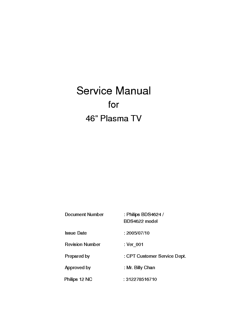PHILIPS BDS4622 BDS4624 PLASMA TV SM service manual (1st page)