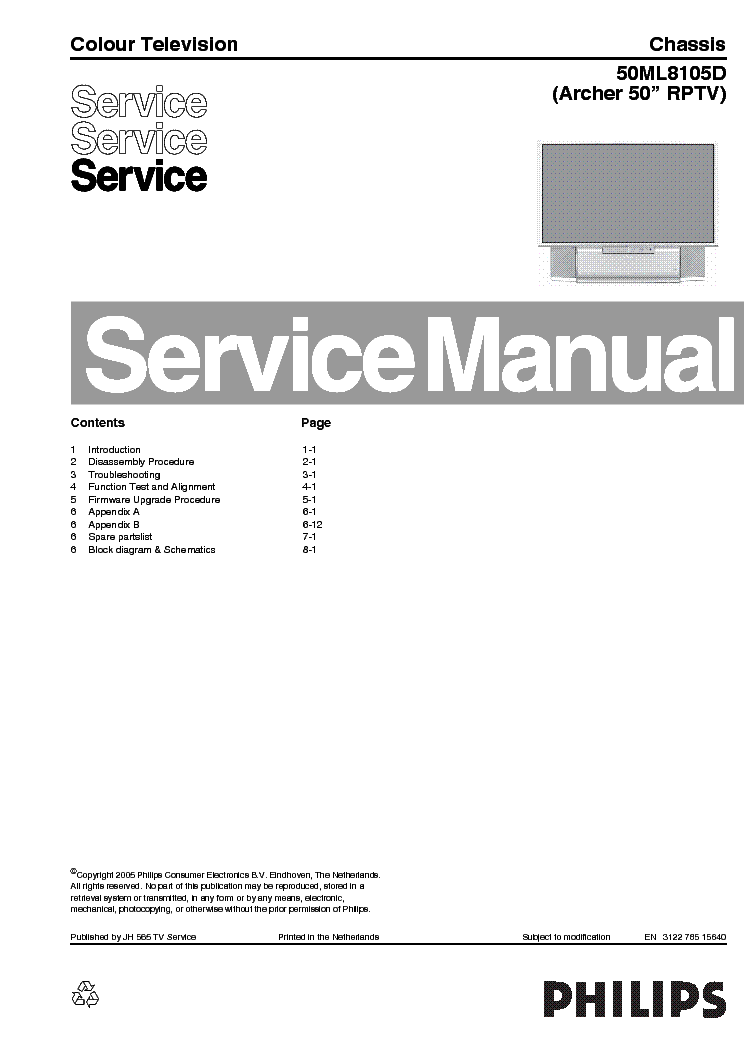 PHILIPS CHASSIS 50ML8105D ARCHER-50 RPTV SM service manual (1st page)
