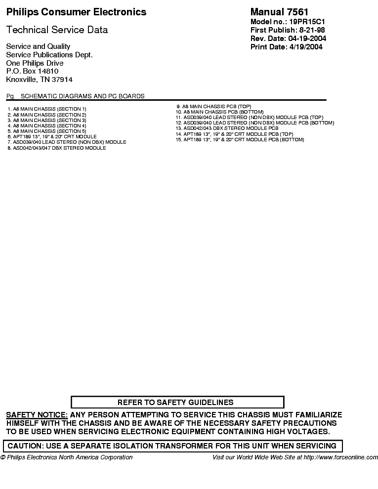 PHILIPS CHASSIS A8 19PR15C125 7561 service manual (1st page)