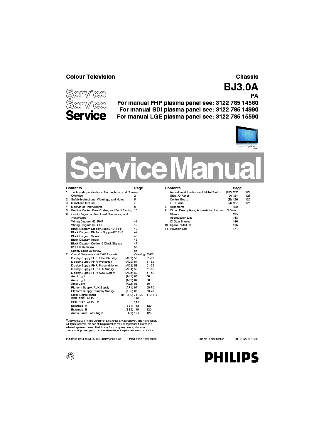 PHILIPS CHASSIS BJ3.0A-PA service manual (1st page)