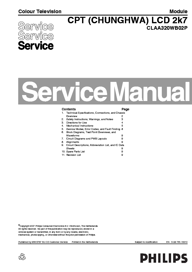 PHILIPS CHASSIS CLAA320WB02P CHASSIS 2K7 SM service manual (1st page)