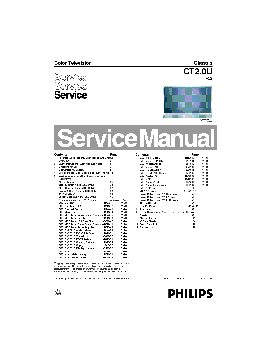 PHILIPS CHASSIS CT2.0U RA service manual (1st page)
