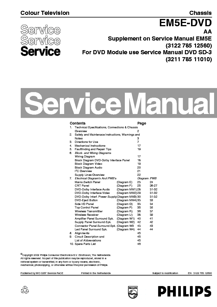PHILIPS CHASSIS EM5E DVD-AA SM service manual (1st page)