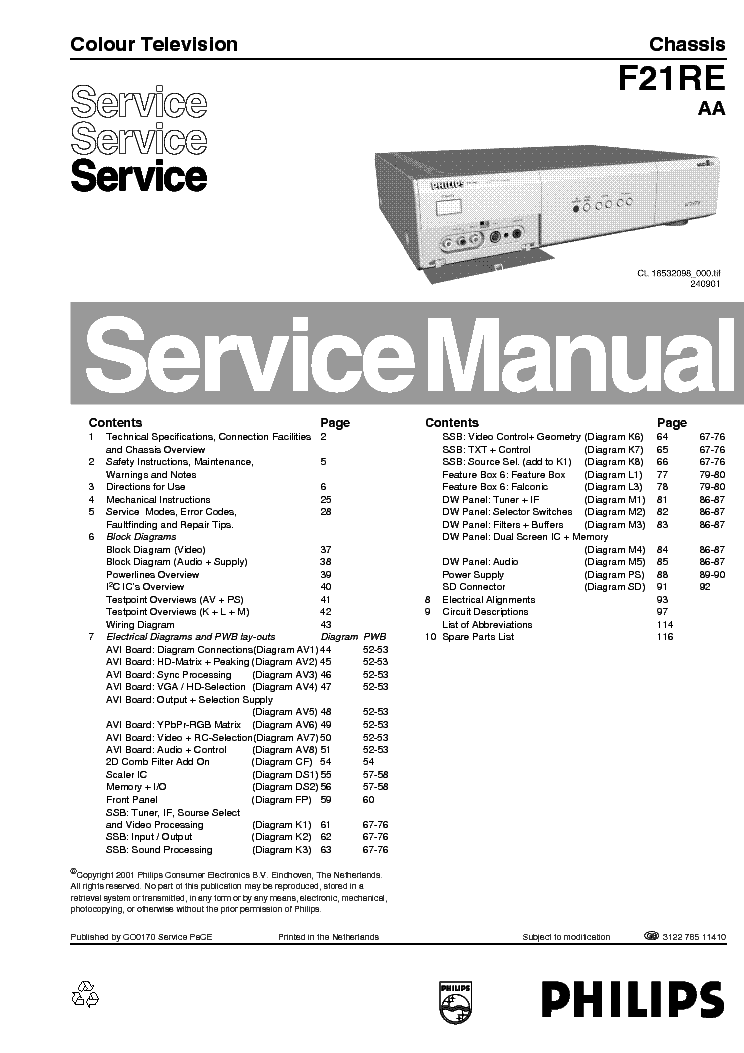 PHILIPS CHASSIS F21RE-AA SM service manual (1st page)