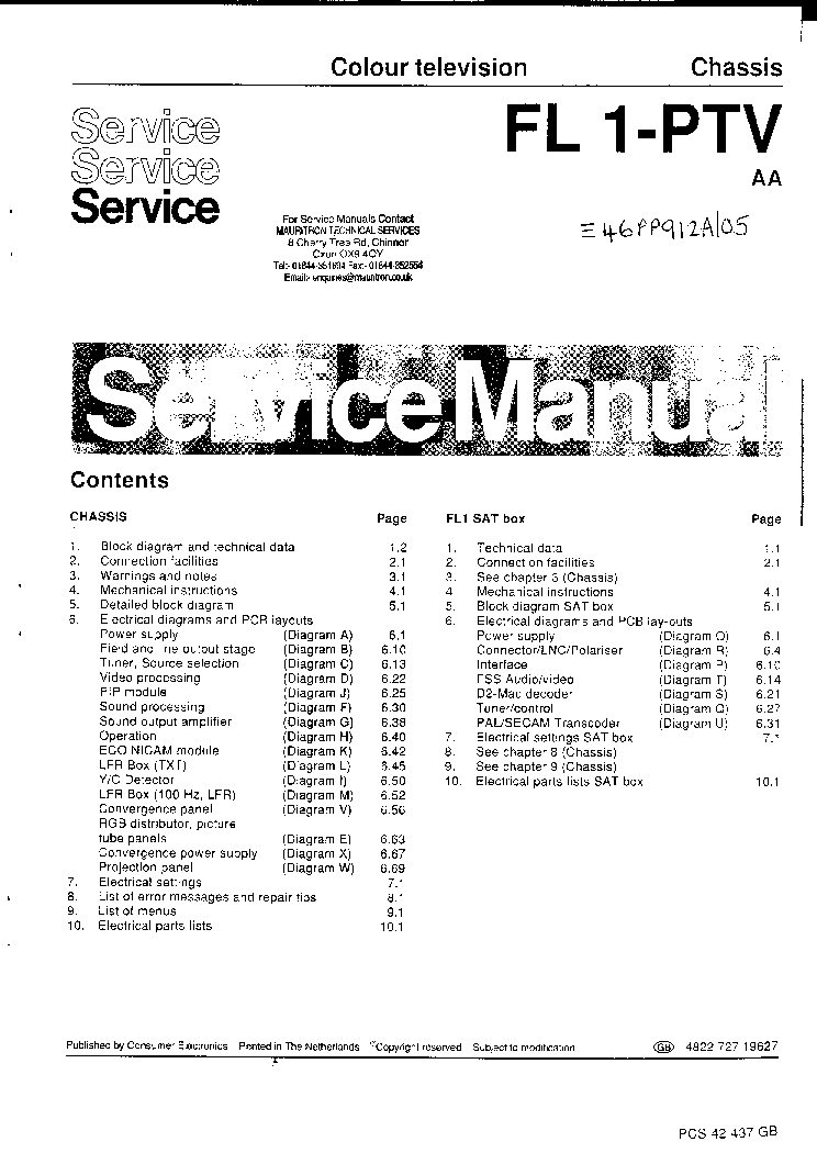PHILIPS CHASSIS FL1-PTV-AA SM service manual (1st page)