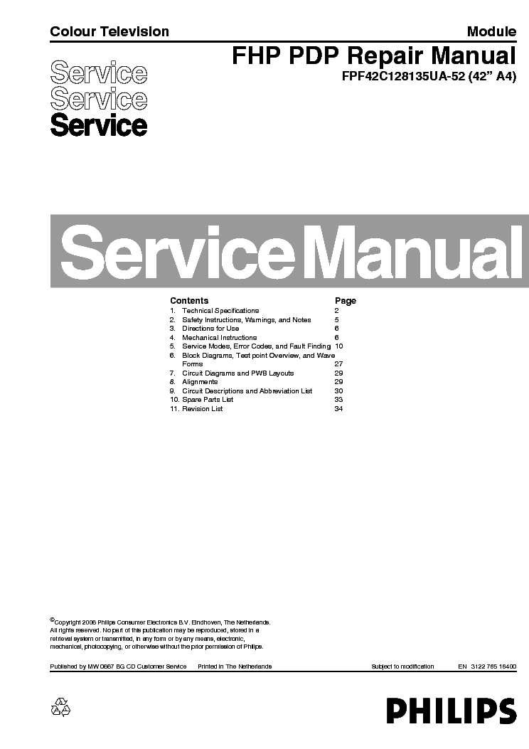 PHILIPS CHASSIS FPF42C128135UA-52 SM service manual (1st page)