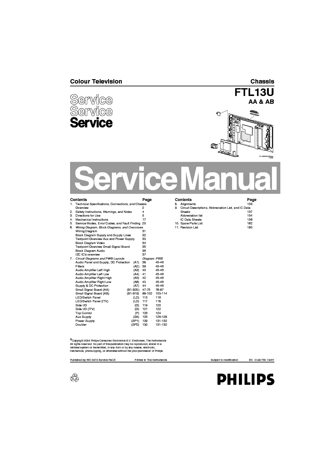 PHILIPS CHASSIS FTL13U AA AB service manual (1st page)