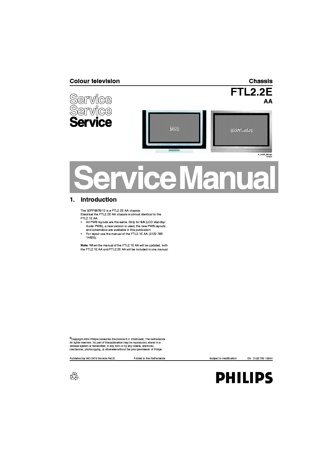 PHILIPS CHASSIS FTL2.2E-AA 32PF9976-12 SM service manual (1st page)