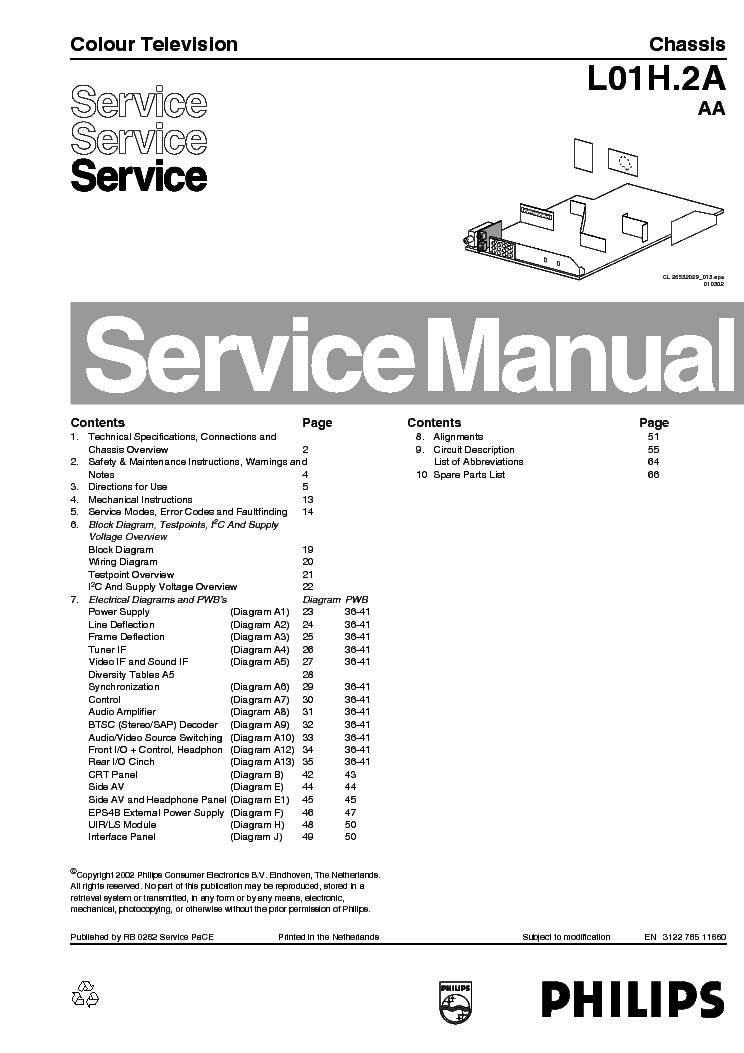 PHILIPS CHASSIS L01H.2AAA 312278511660 service manual (1st page)