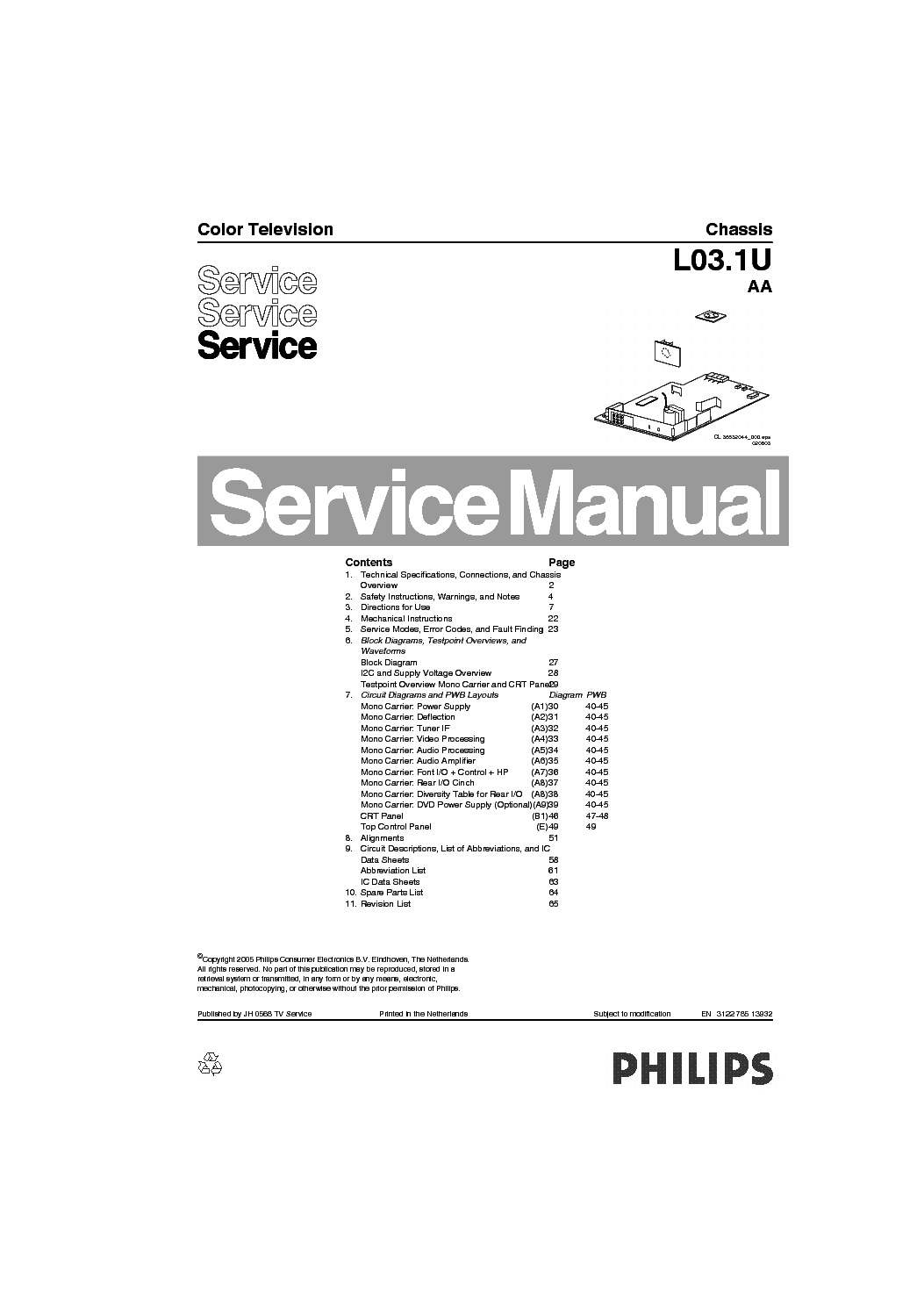 PHILIPS CHASSIS L03.1UAA service manual (1st page)