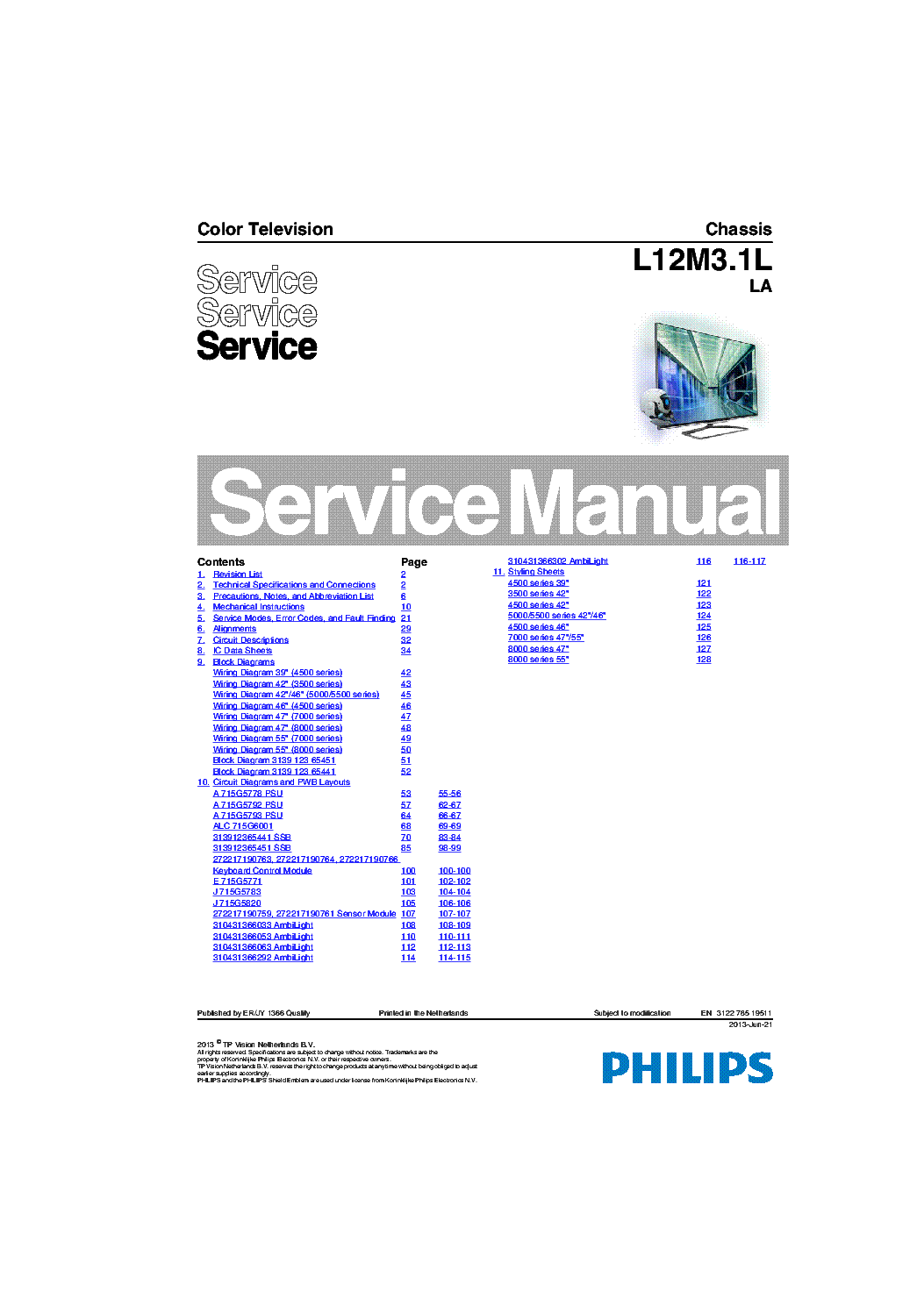PHILIPS CHASSIS L12M3.1L LA SM service manual (1st page)