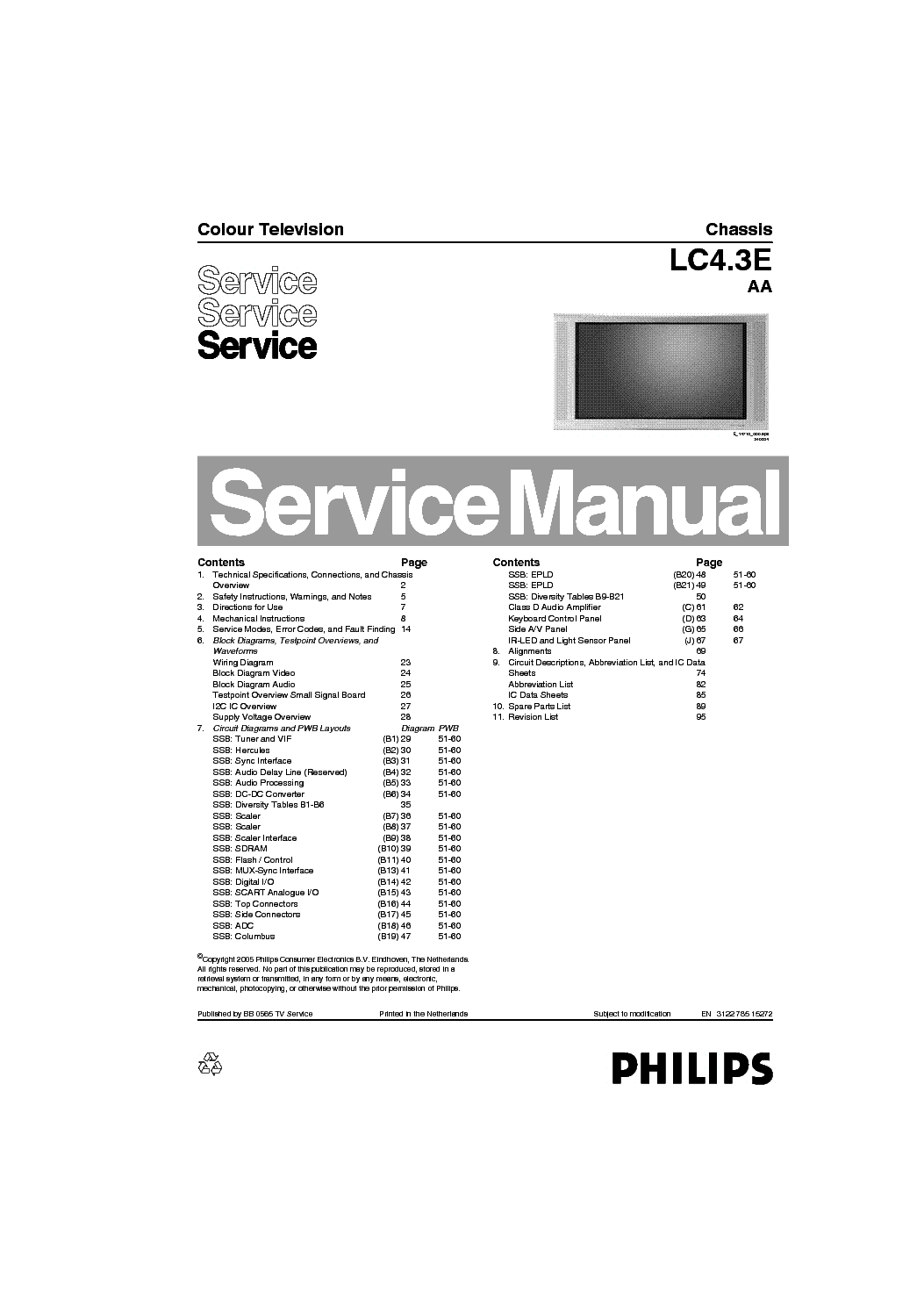 PHILIPS CHASSIS LC4.3E-AA SM service manual (1st page)