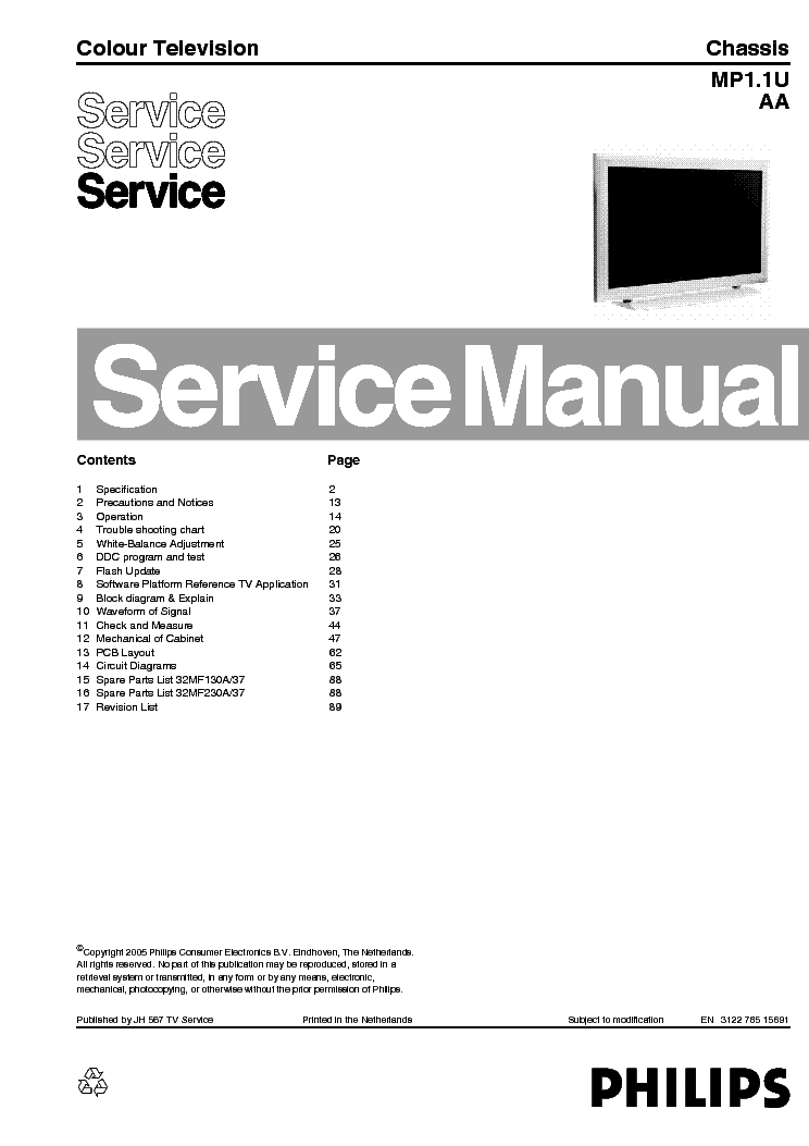 PHILIPS CHASSIS MP1.1U AA PLASMA service manual (1st page)