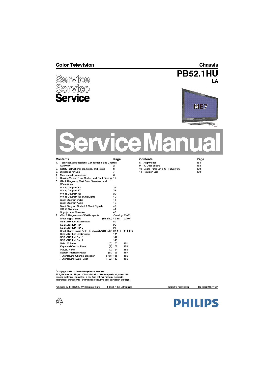PHILIPS CHASSIS PB52.1HU-LA service manual (1st page)