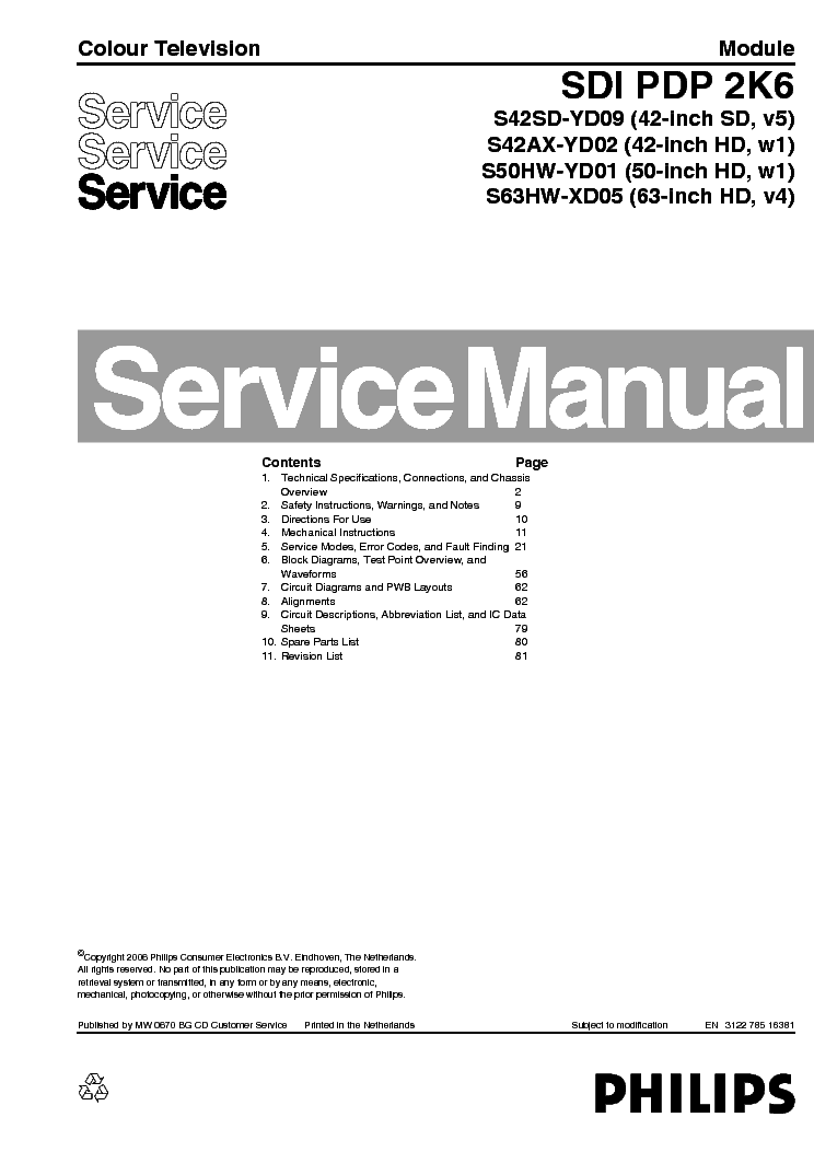 PHILIPS CHASSIS SDI-PDP-2K6 SM service manual (1st page)