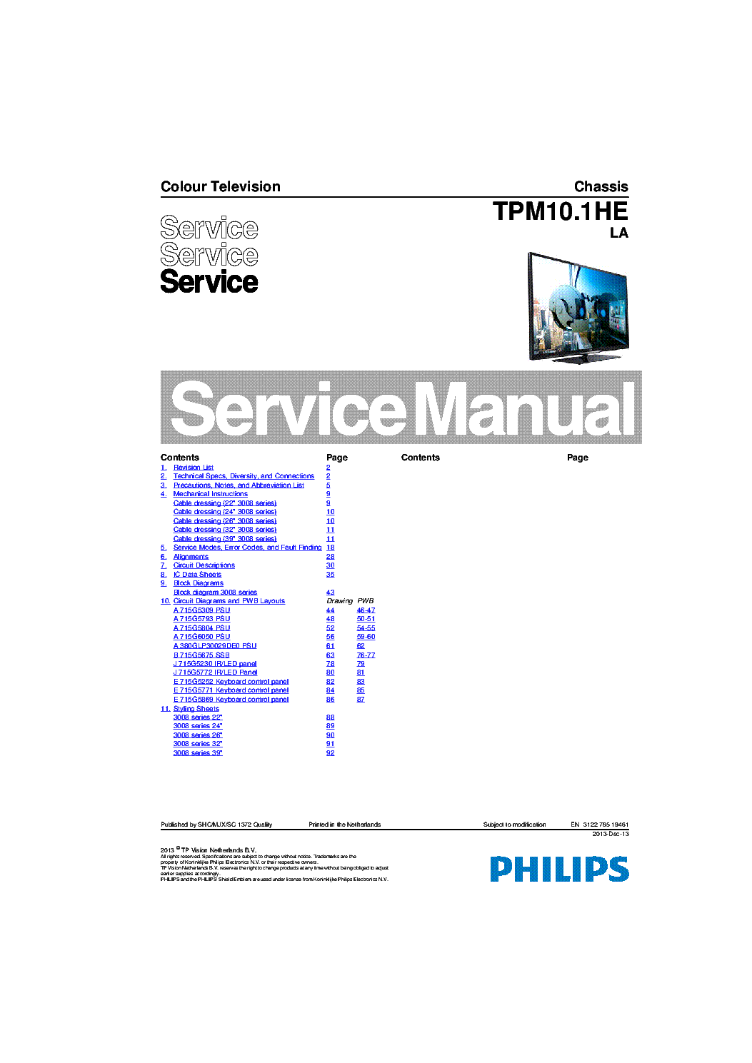 PHILIPS CHASSIS TPM10.1HE LA SM service manual (1st page)