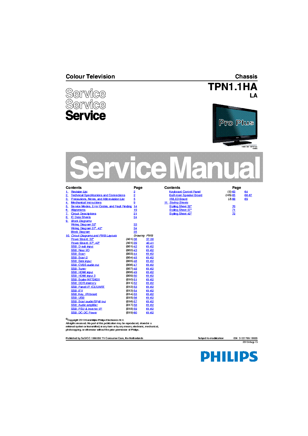 PHILIPS CHASSIS TPN1.1HA LA SM service manual (1st page)