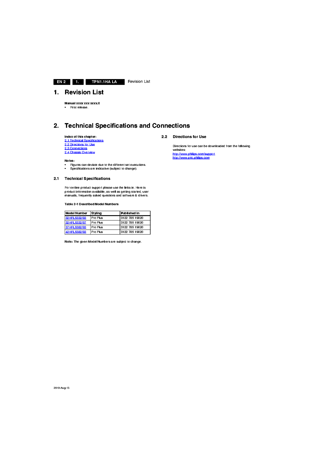 PHILIPS CHASSIS TPN1.1HA LA SM service manual (2nd page)