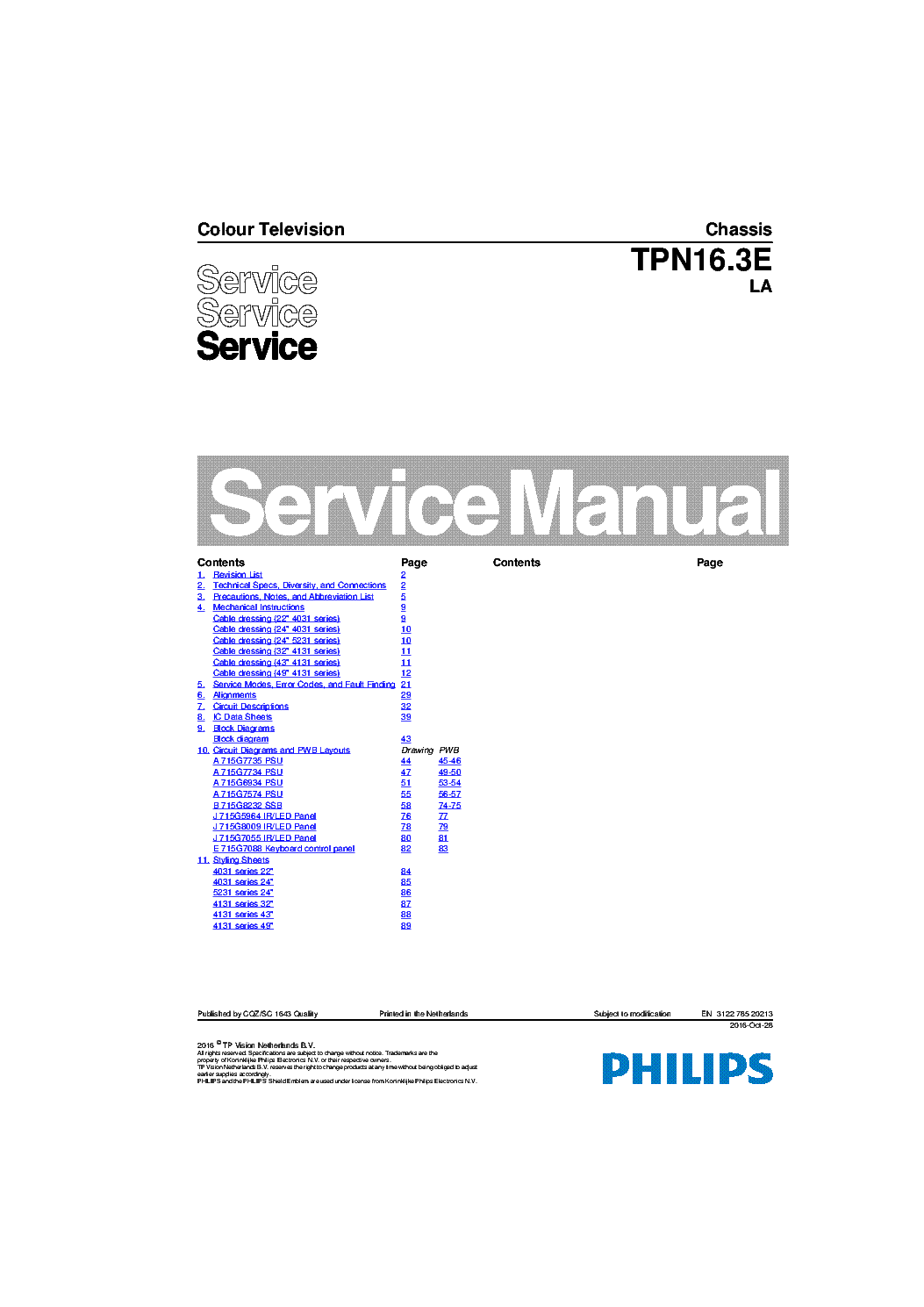 PHILIPS CHASSIS TPN16.3E LA SM service manual (1st page)