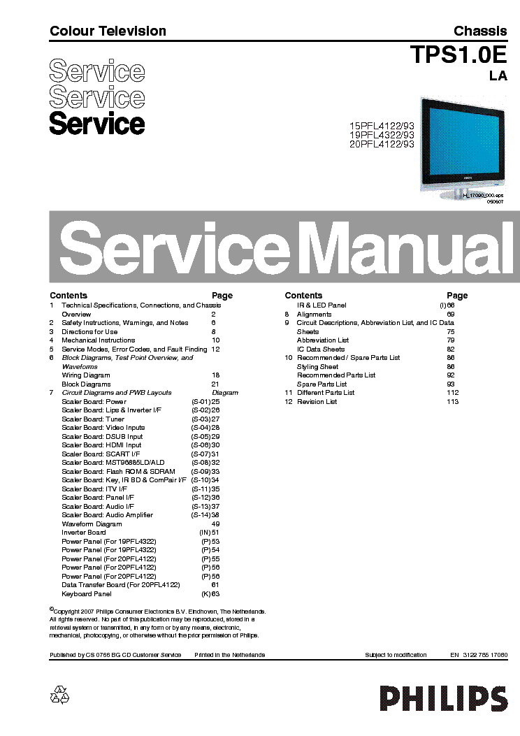 PHILIPS CHASSIS TPS1.0E-LA 15PFL4122 19PFL4322 20PFL4122 SM service manual (1st page)