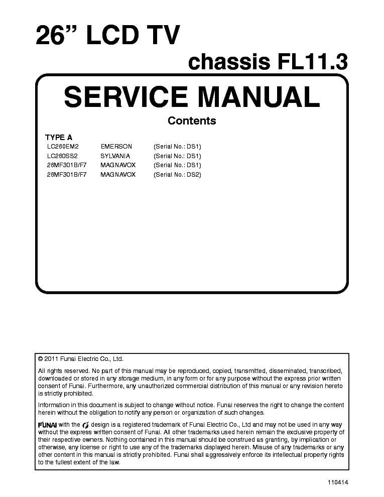 PHILIPS FUNAI CHASSIS FL11.3 110414 service manual (1st page)
