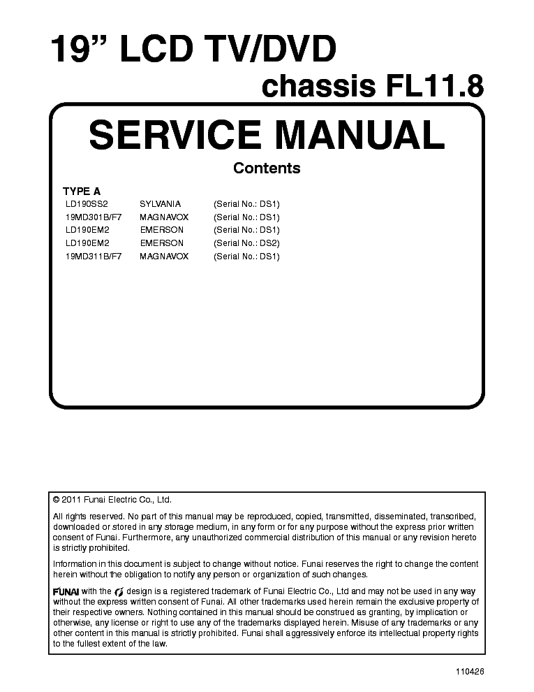 PHILIPS FUNAI CHASSIS FL11.8 110426 service manual (1st page)