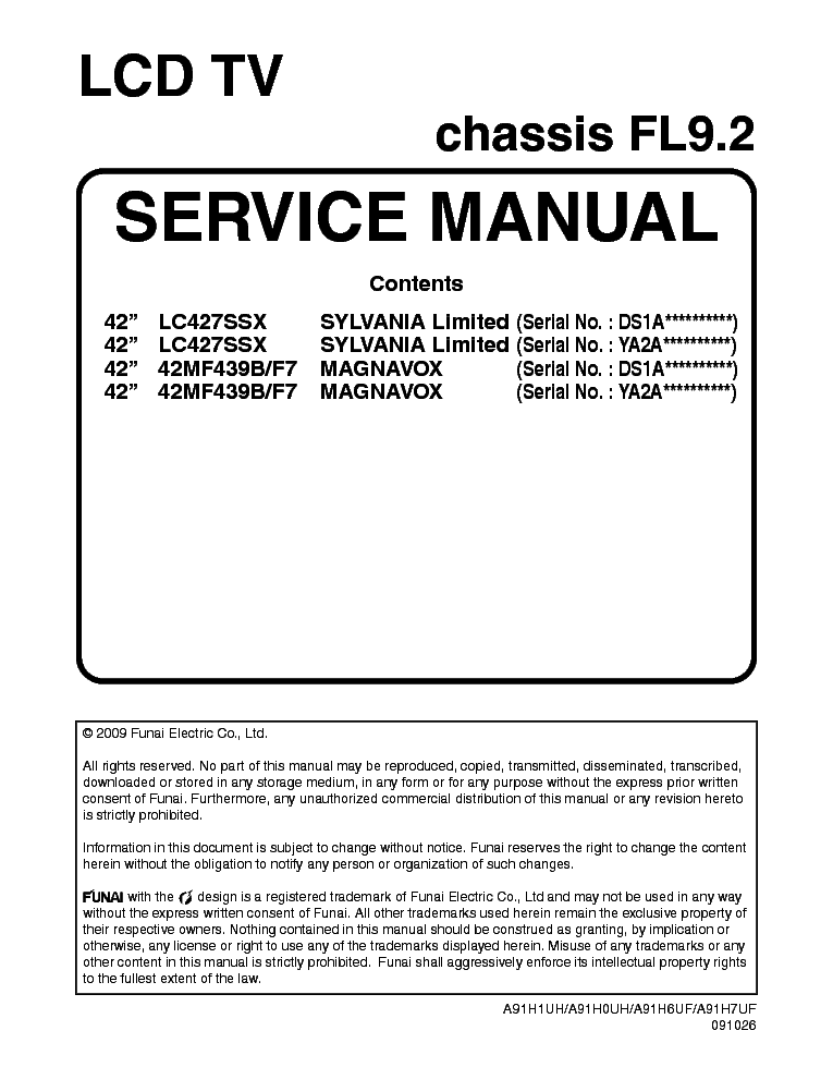 PHILIPS FUNAI CHASSIS FL9.2 091026 service manual (1st page)