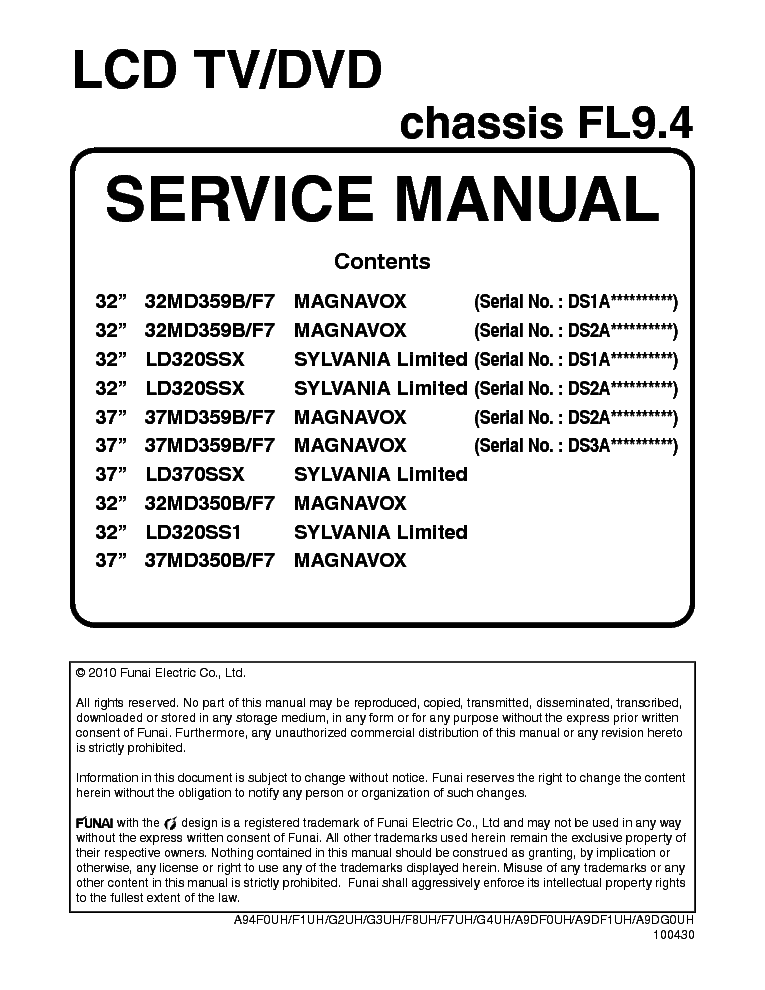 PHILIPS FUNAI CHASSIS FL9.4 100430 service manual (1st page)