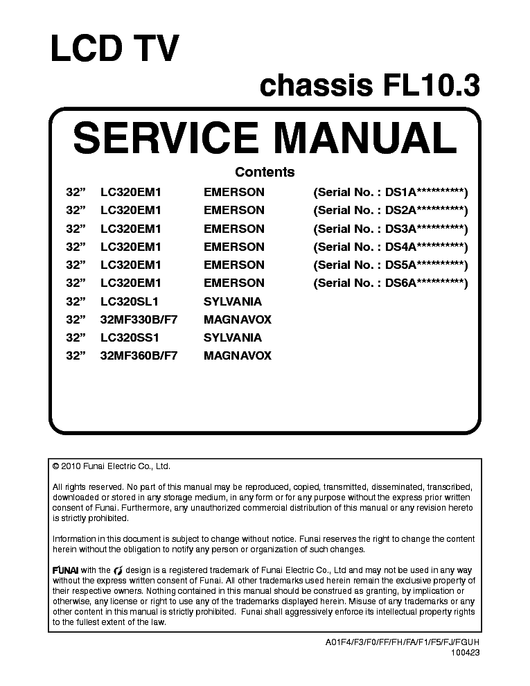 PHILIPS FUNAI EMERSON SYLVANA MAGNAVOX CHASSIS FL10.3 100423 service manual (1st page)