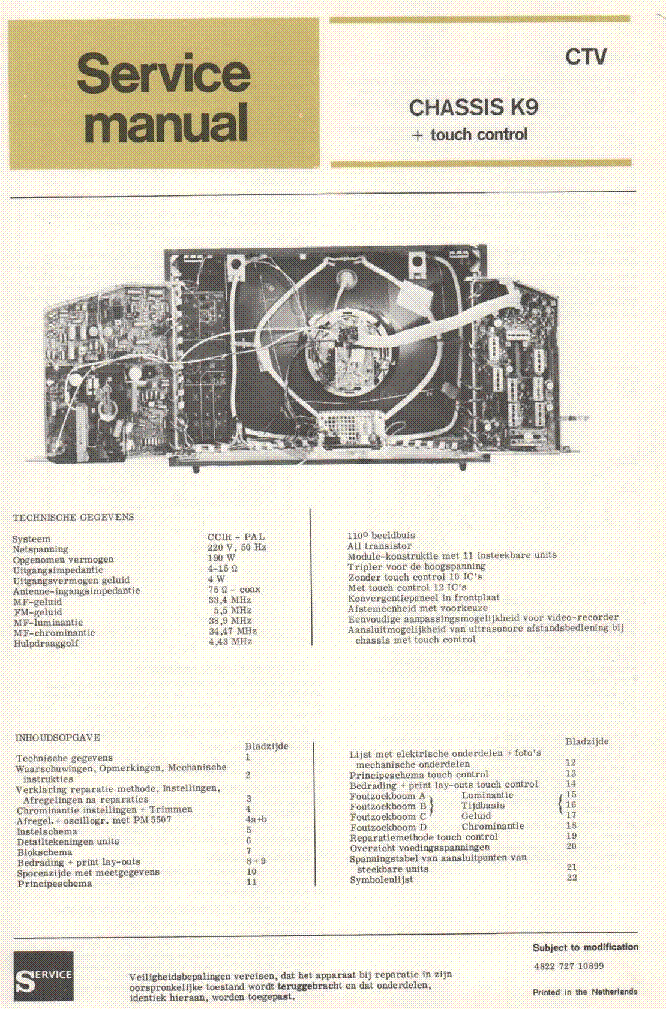 PHILIPS K9 CHASSIS COLOR TV AND TOUCH CONTROL 1973 SM service manual (1st page)