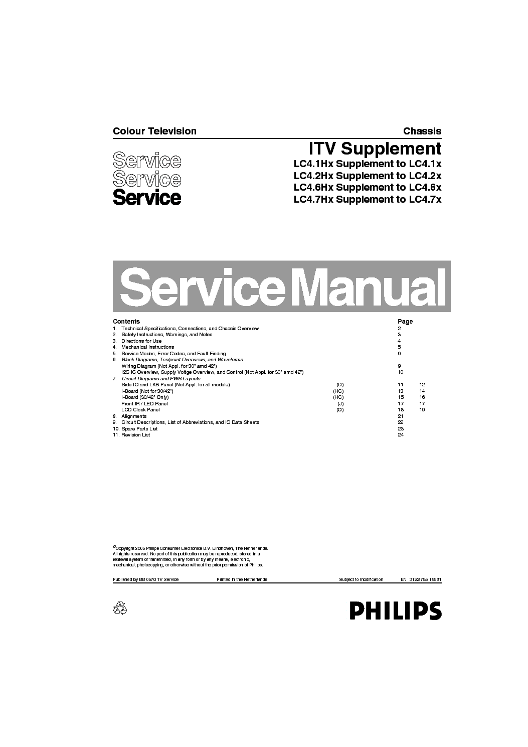 PHILIPS LC4.1 LC4.2 LC4.6 LC4.7 ITV-SUPPLEMENT 312278515581 service manual (1st page)
