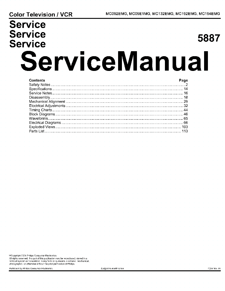 PHILIPS MC092EMG MC09E1MG MC132 MC192 MC194 service manual (1st page)