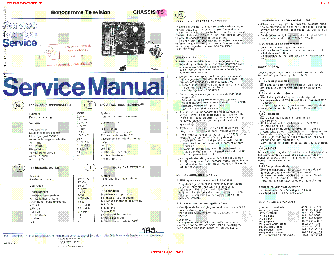 PHILIPS MONOCHROME TELEVISION CHASSIS T8 service manual (1st page)