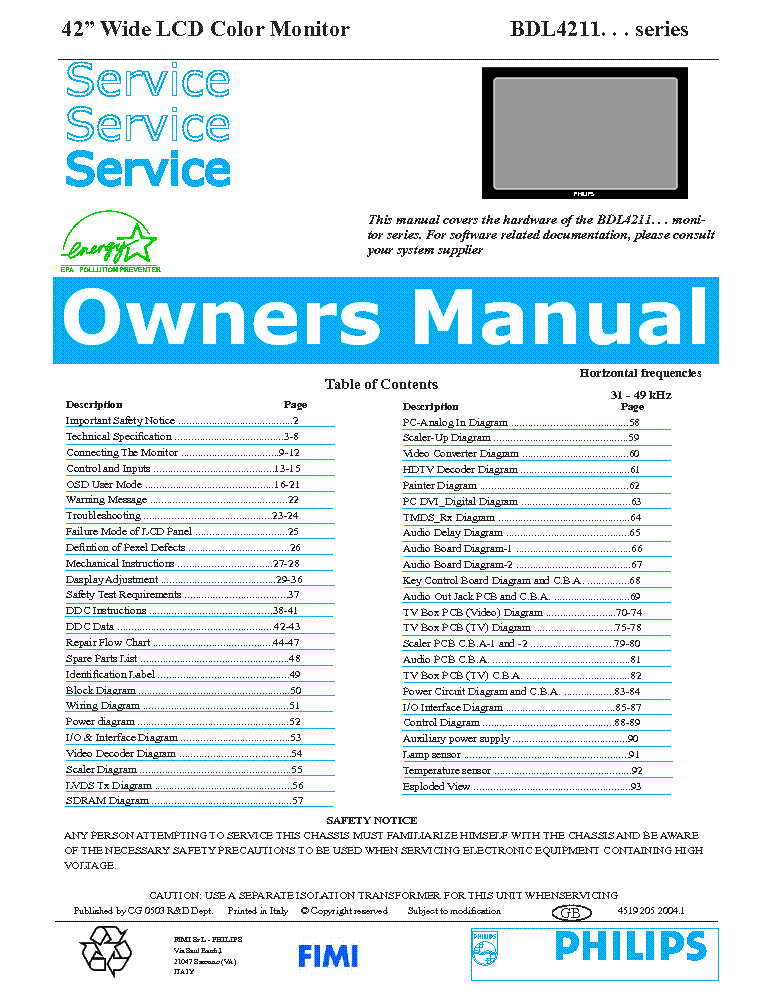 PHILIPS MT2 CHASSIS BDL4211 LCD TV SM service manual (1st page)