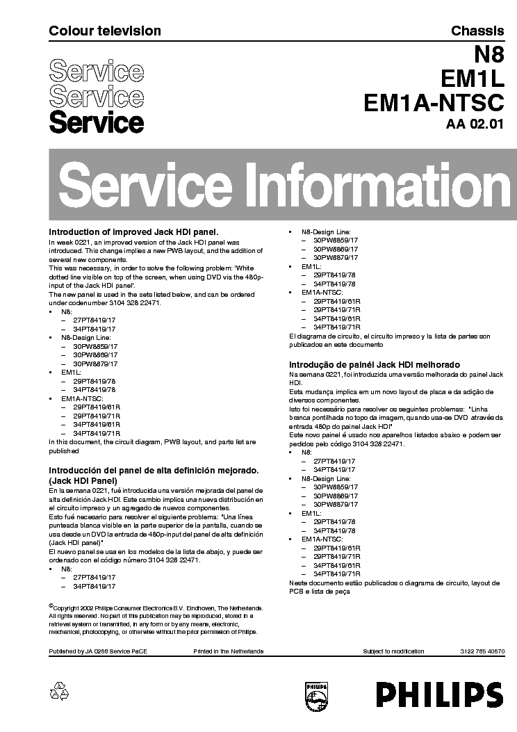 PHILIPS N8 EM1L EM1A-NTSC AA CHASSIS SUPL TV SM service manual (1st page)