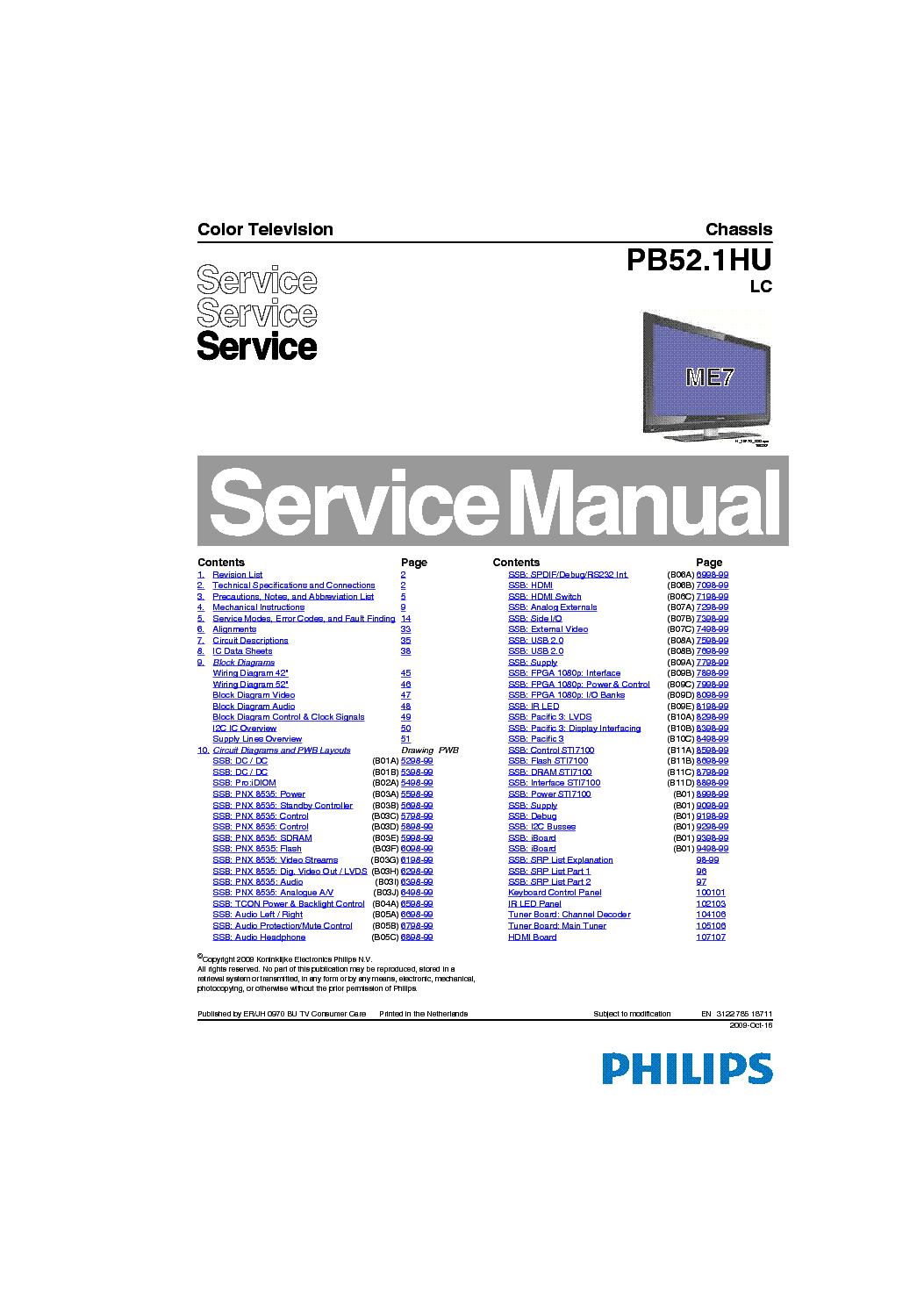 PHILIPS PB52.1HU LC CHASSIS LCD TV SM service manual (1st page)