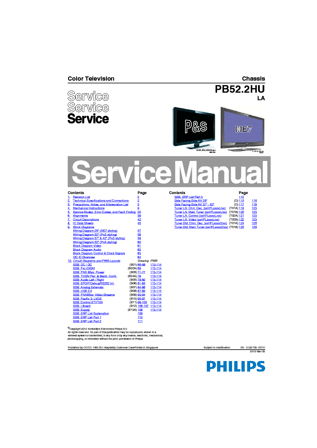 PHILIPS PB52.2HU LA CHASSIS LCD TV SM service manual (1st page)