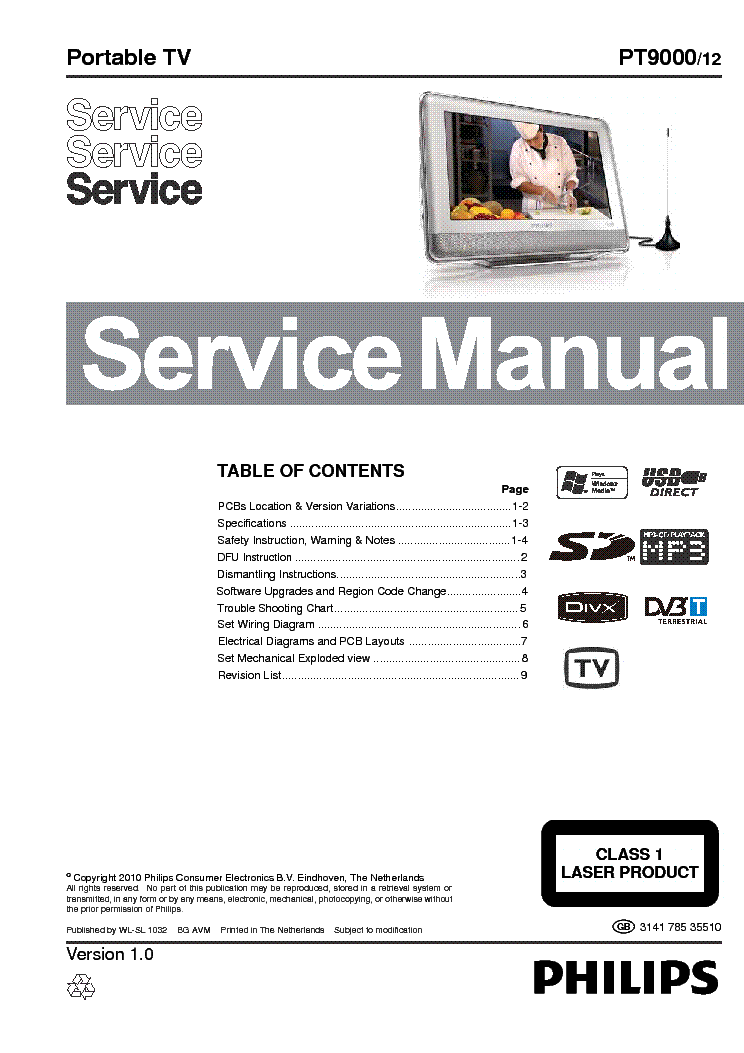 PHILIPS PT9000 12 PORTABLE TV service manual (1st page)