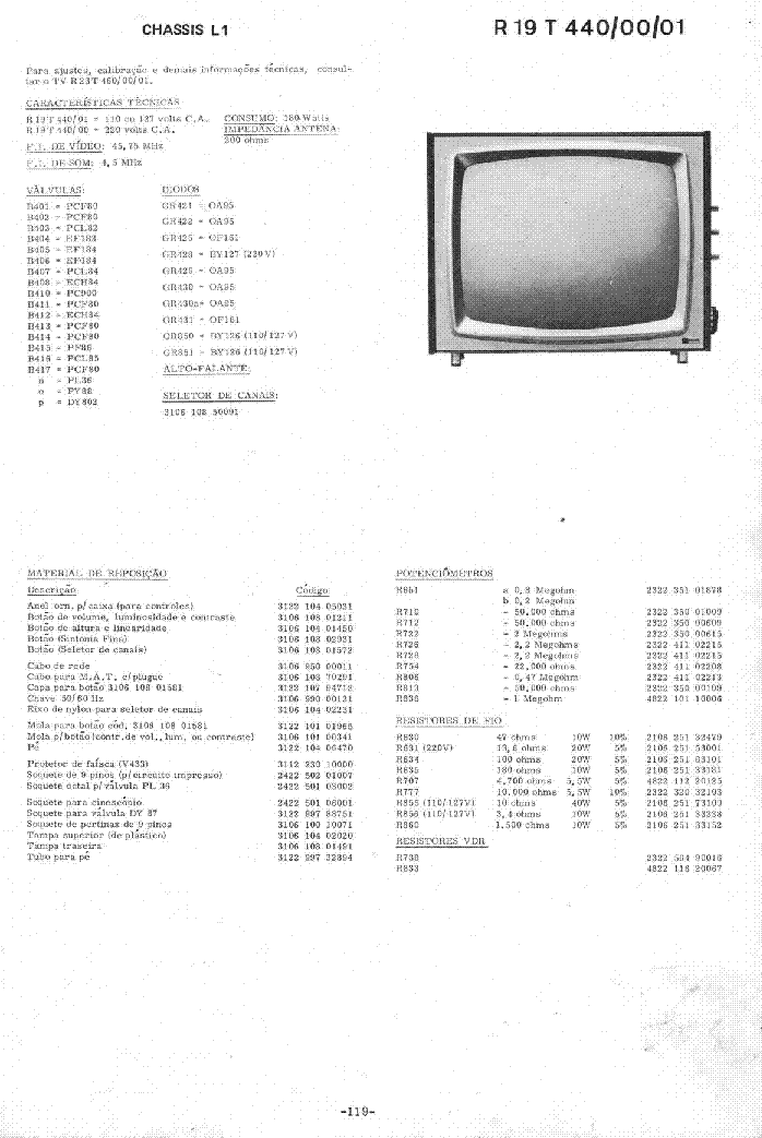 PHILIPS R19T 440-00-01 CHASSIS L1 TV SERVICE MANUALS 1962-1975 PORTUG SM service manual (1st page)