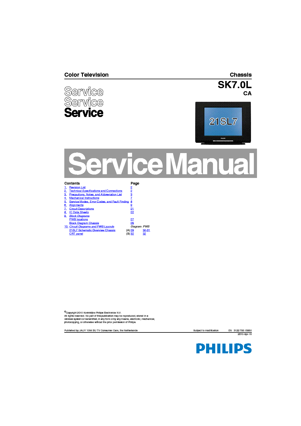 PHILIPS SK7.0L CA CHASSIS TV SM service manual (1st page)